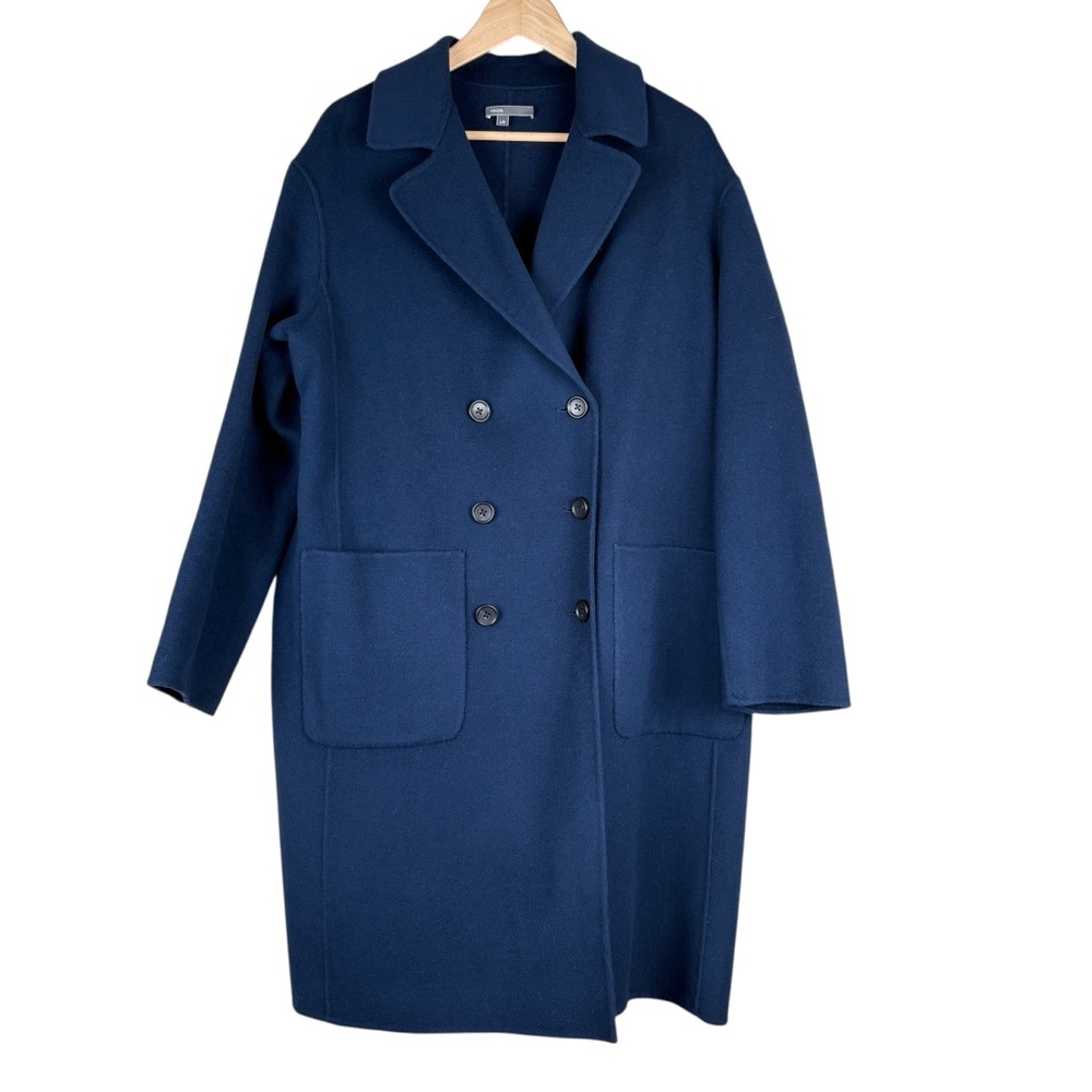 Vince Women's‎ Navy Double-Breasted Wool Coat Size Large Long Overcoat Luxury
